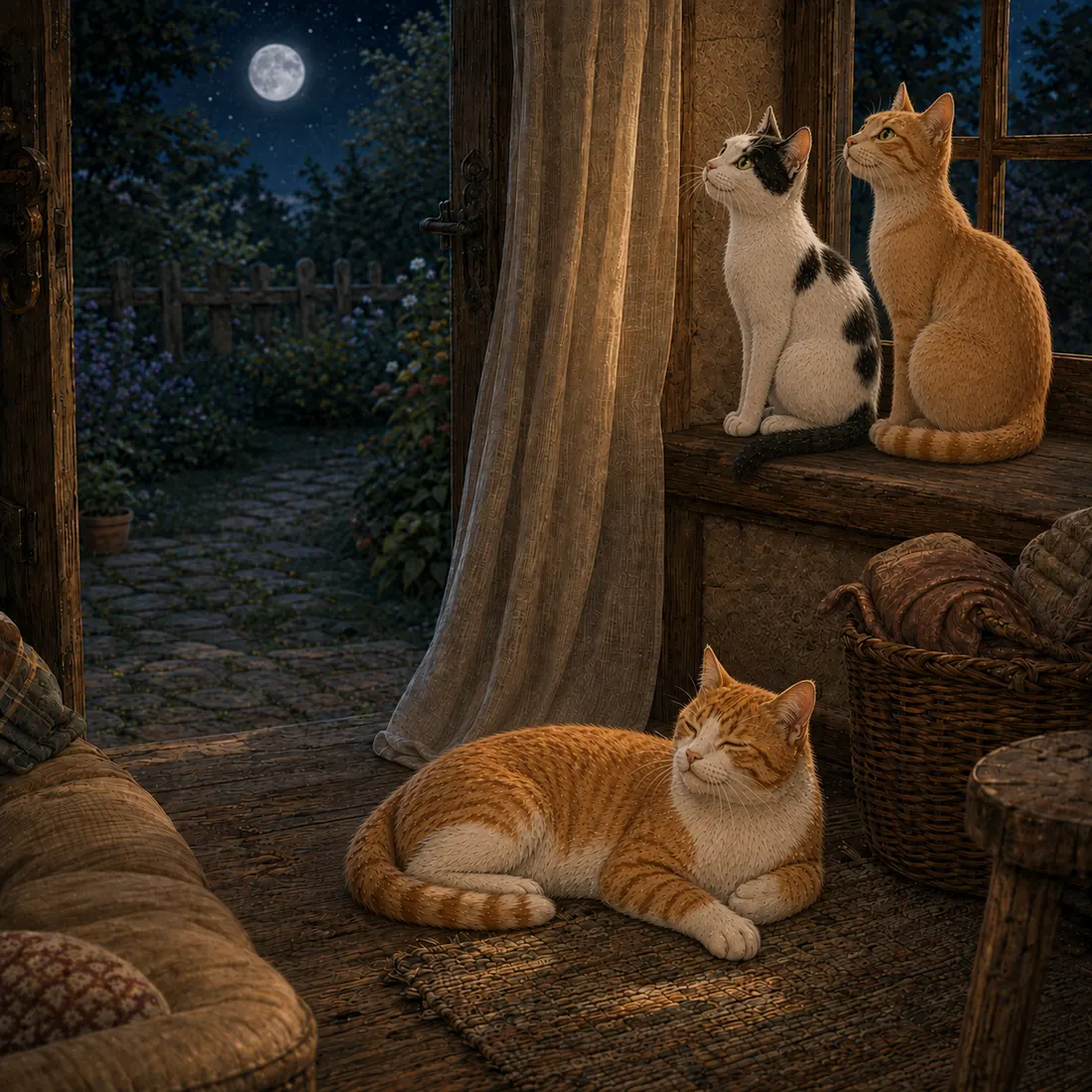 Nacht im Haus: Zwei Kater sitzen am Fenster und schauen zum Mond, Mr. Red schläft auf dem Boden