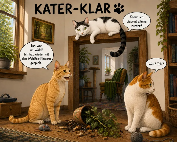 Cartoon: Barney kommt mit Blättern im Fell zur Tür herein und erzählt, er habe mit den Waldfee-Kindern gespielt