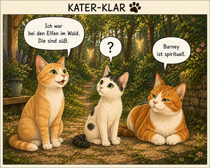 Cartoon: Barney erzählt, er war bei den Elfen im Wald. Mr. Red meint, Barney ist spirituell. Schnupfi schaut fragend.