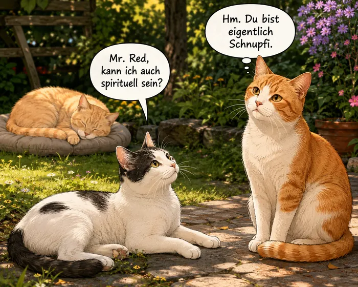 Cartoon: Schnupfi fragt, ob er auch spirituell sein kann, und Mr. Red überlegt