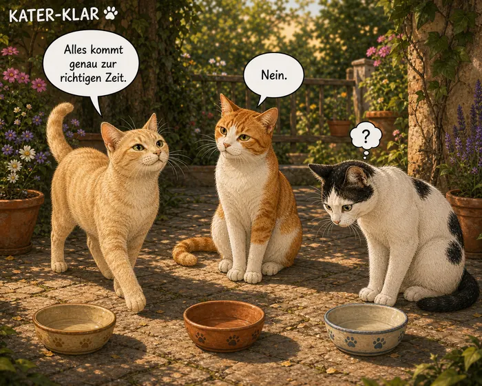 Cartoon: Die drei Kater sitzen vor ihren leeren Näpfen und warten