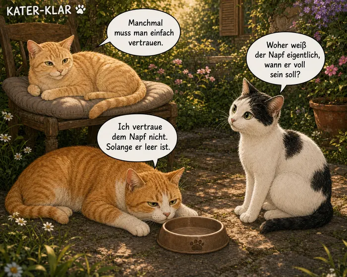 Cartoon: Mr. Red liegt neben dem Napf, Schnupfi fragt, woher der Napf weiß, wann er voll sein soll