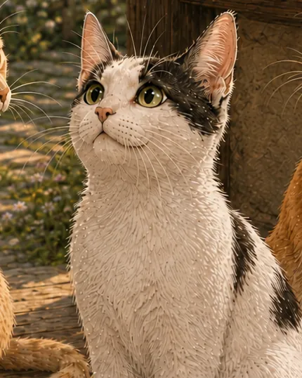 Schnupfi, ein weißer Kater mit schwarzen Flecken, schaut neugierig nach oben