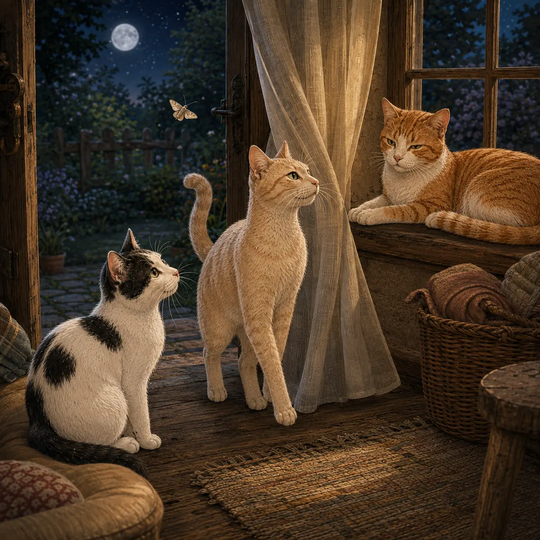 Dieselben drei Kater am offenen Fenster in der Nacht, der Vollmond steht am Himmel, eine Motte fliegt herein